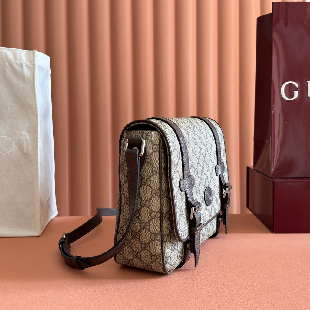 GUCCI 26S MESSENGER CROSSBODY BAG 28 IN DARK BEIGE AND BROWN CANVAS