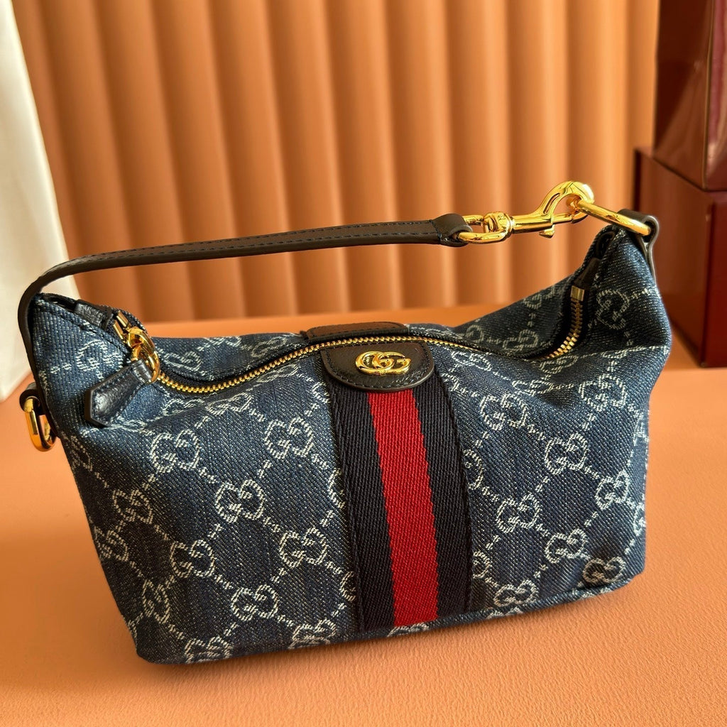 GUCCI 26S GIGLIO TOP HANDLE BAG 19 IN BLUE AND WHITE DENIM