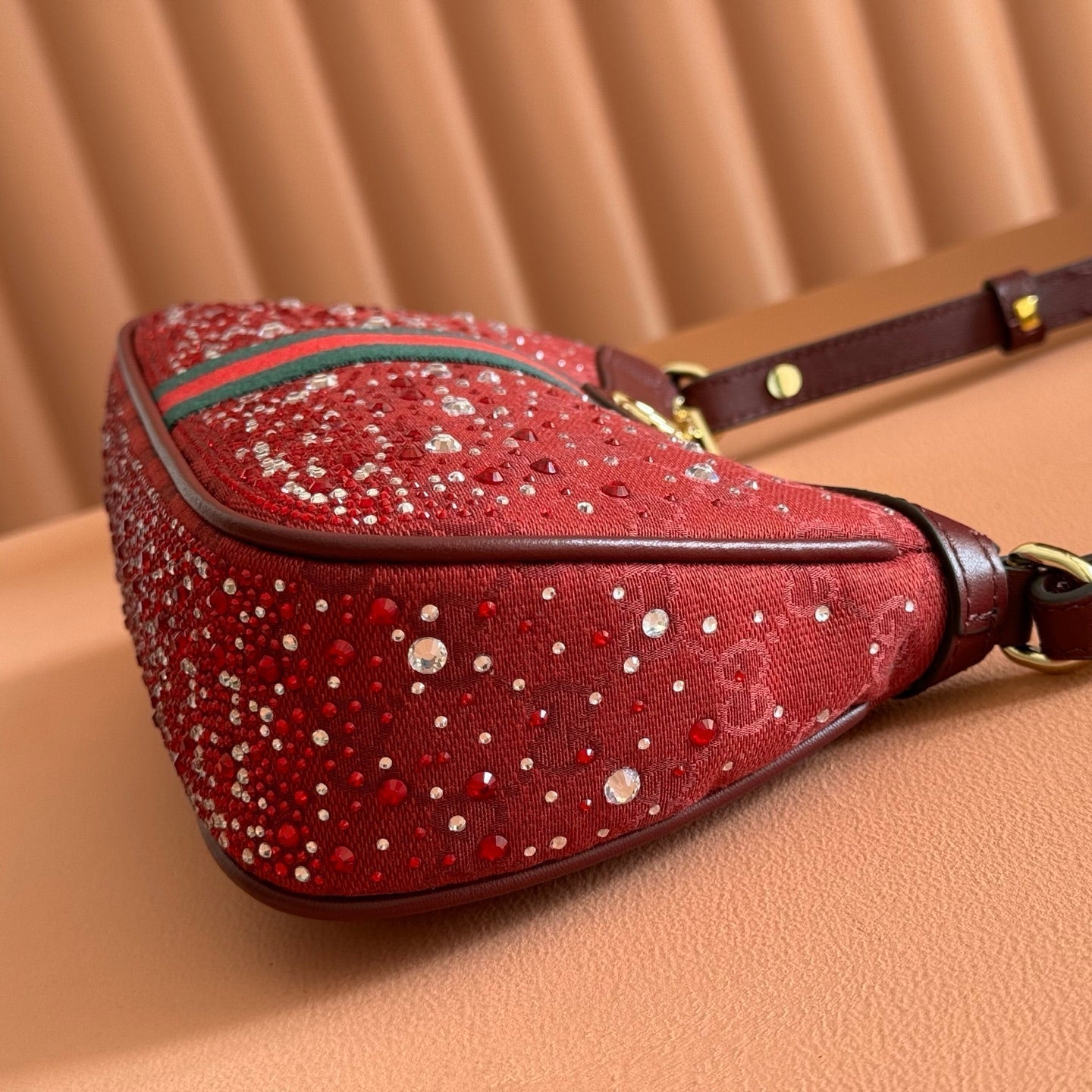 GUCCI 26S OPHIDIA SHOULDER BAG 26 IN DARK RED CANVAS EMBELLISHED WITH RHINESTONES
