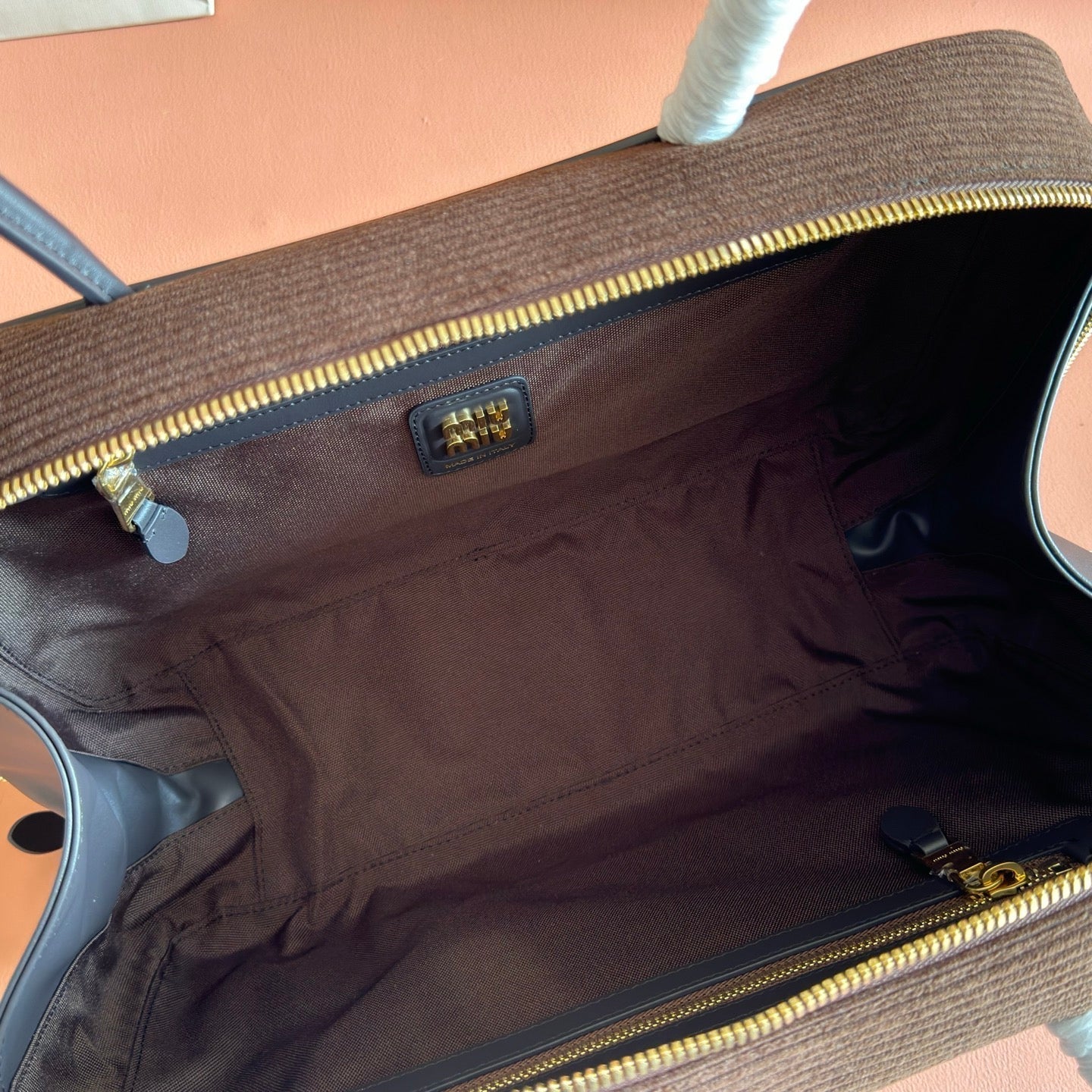 MIUMIU 26S BEAU BAG 34 IN CHOCOLATE BROWN CANVAS AND BLACK CALFSKIN