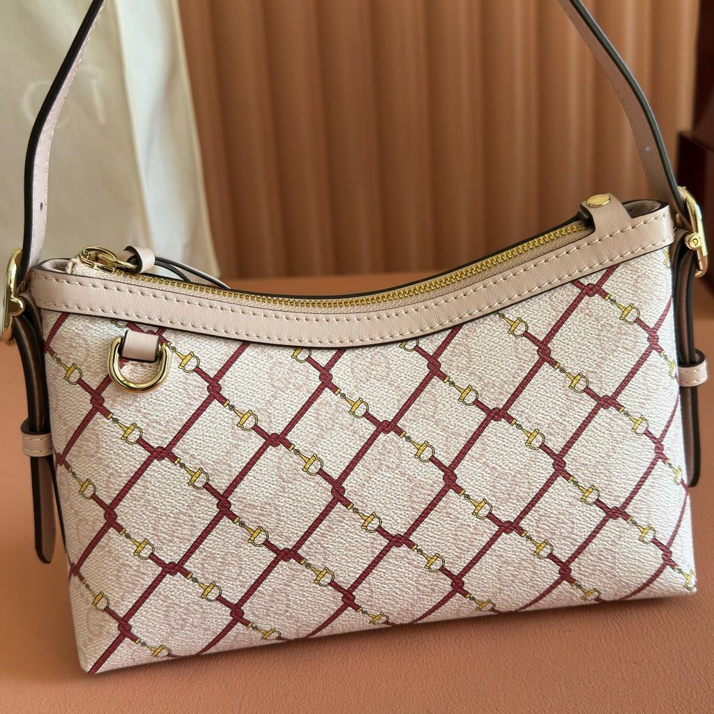 GUCCI 26S  EMBLEM BUCKET BAG 22 IN LIGHT PINK COATED FABRIC