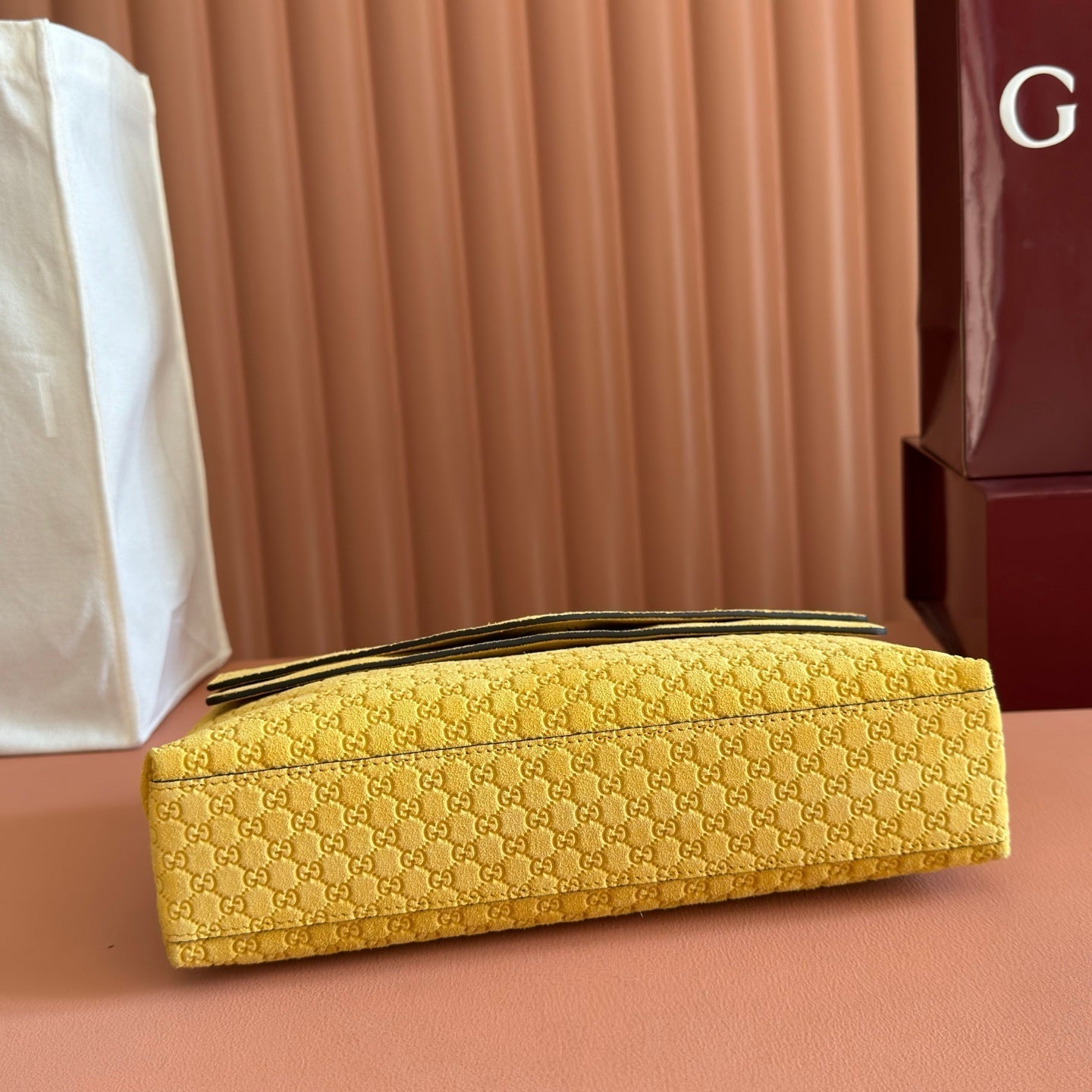 GUCCI 26S SHOULDER BAG 28 IN MUSTARD YELLOW EMBOSSED SUEDE
