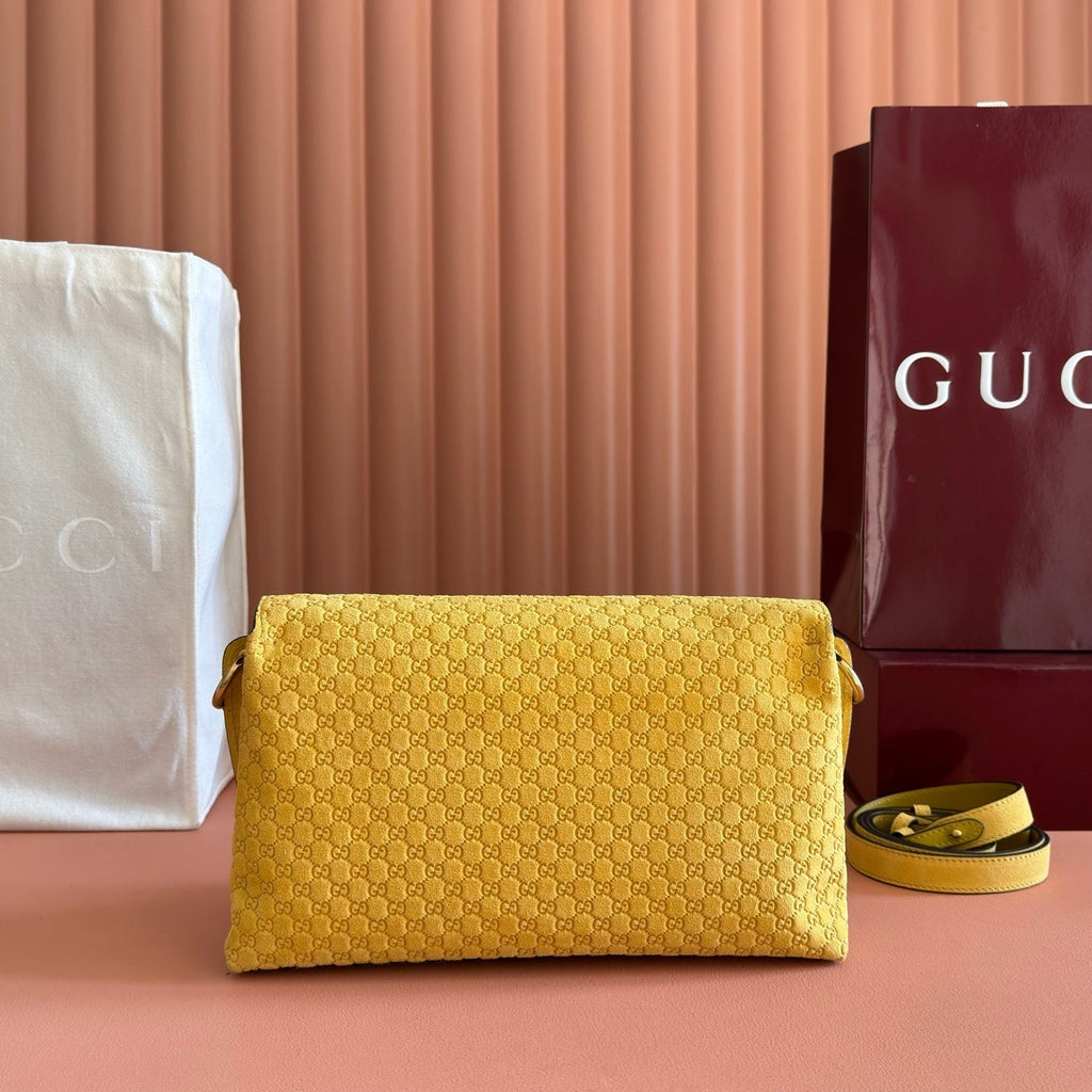 GUCCI 26S SHOULDER BAG 28 IN MUSTARD YELLOW EMBOSSED SUEDE