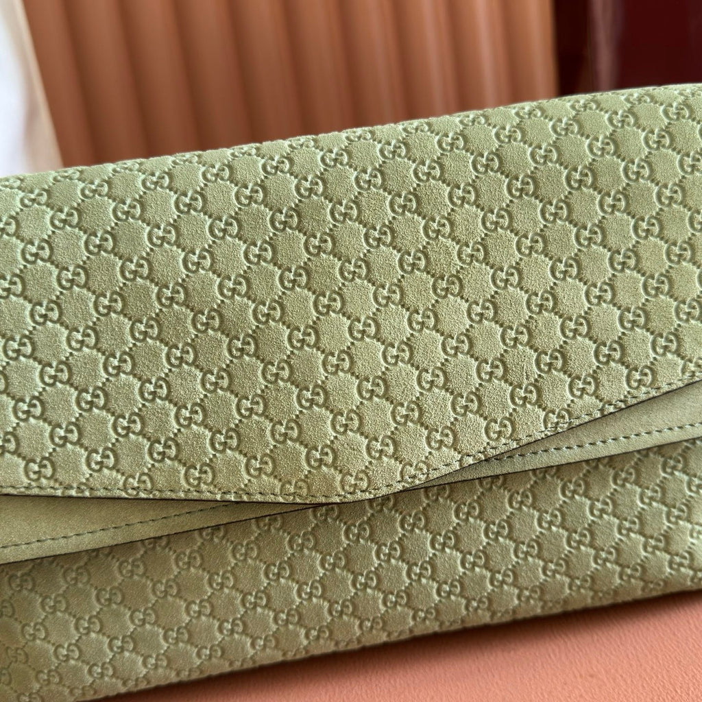 GUCCI 26S SHOULDER BAG 28 IN SAGE GREEN EMBOSSED SUEDE