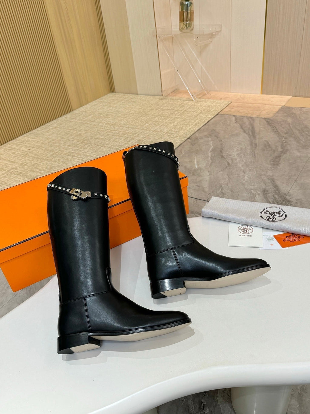 HERMES 25S KNEE-HIGH FLAT BOOTS IN BLACK LAMBSKIN WITH SILVER HARDWARE