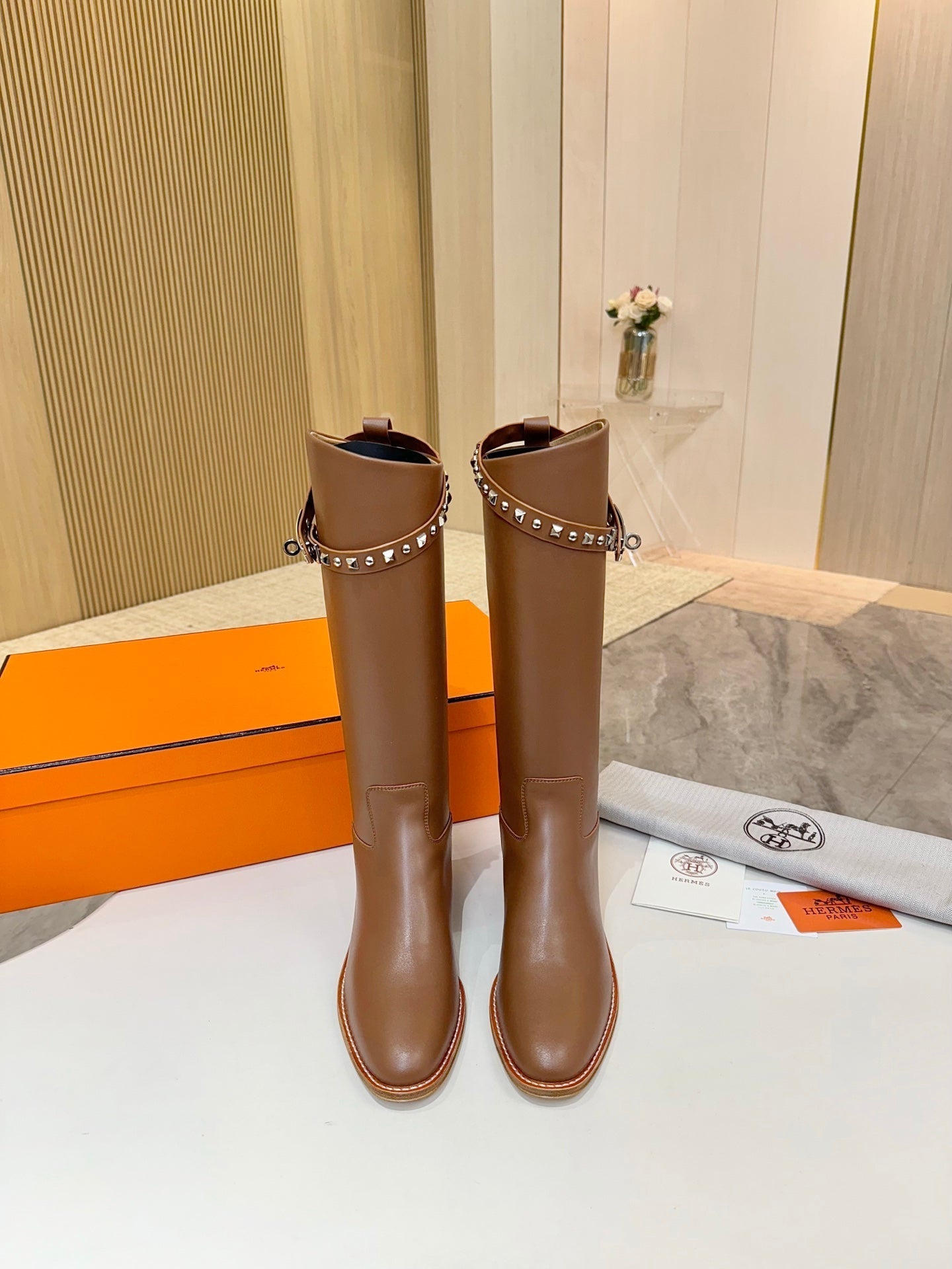 HERMES 25S KNEE-HIGH FLAT BOOTS IN BROWN LAMBSKIN WITH SILVER HARDWARE