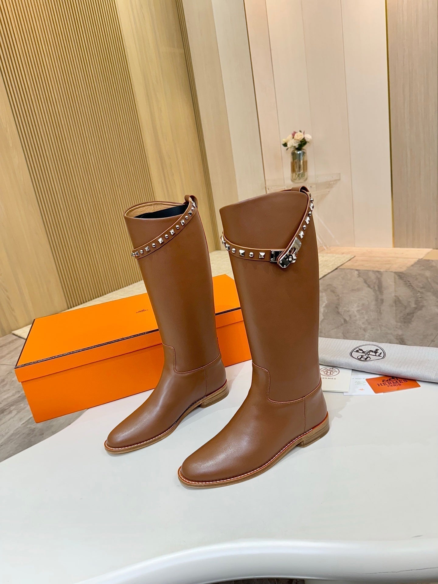 HERMES 25S KNEE-HIGH FLAT BOOTS IN BROWN LAMBSKIN WITH SILVER HARDWARE