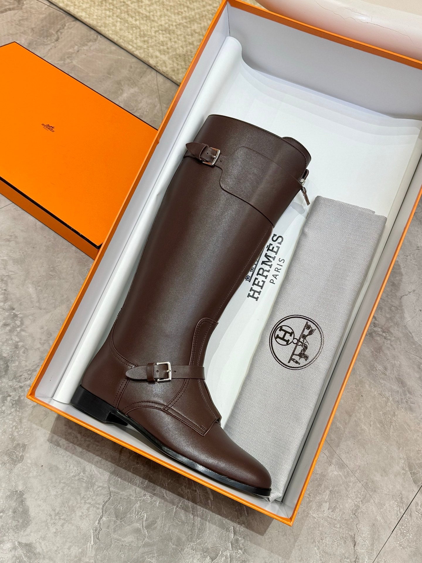 HERMES 25S RIDING BOOTS IN DARK BROWN LAMBSKIN WITH SILVER HARDWARE