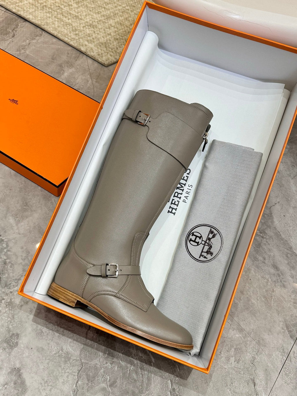 HERMES 25S RIDING BOOTS IN GREY LAMBSKIN WITH SILVER HARDWARE