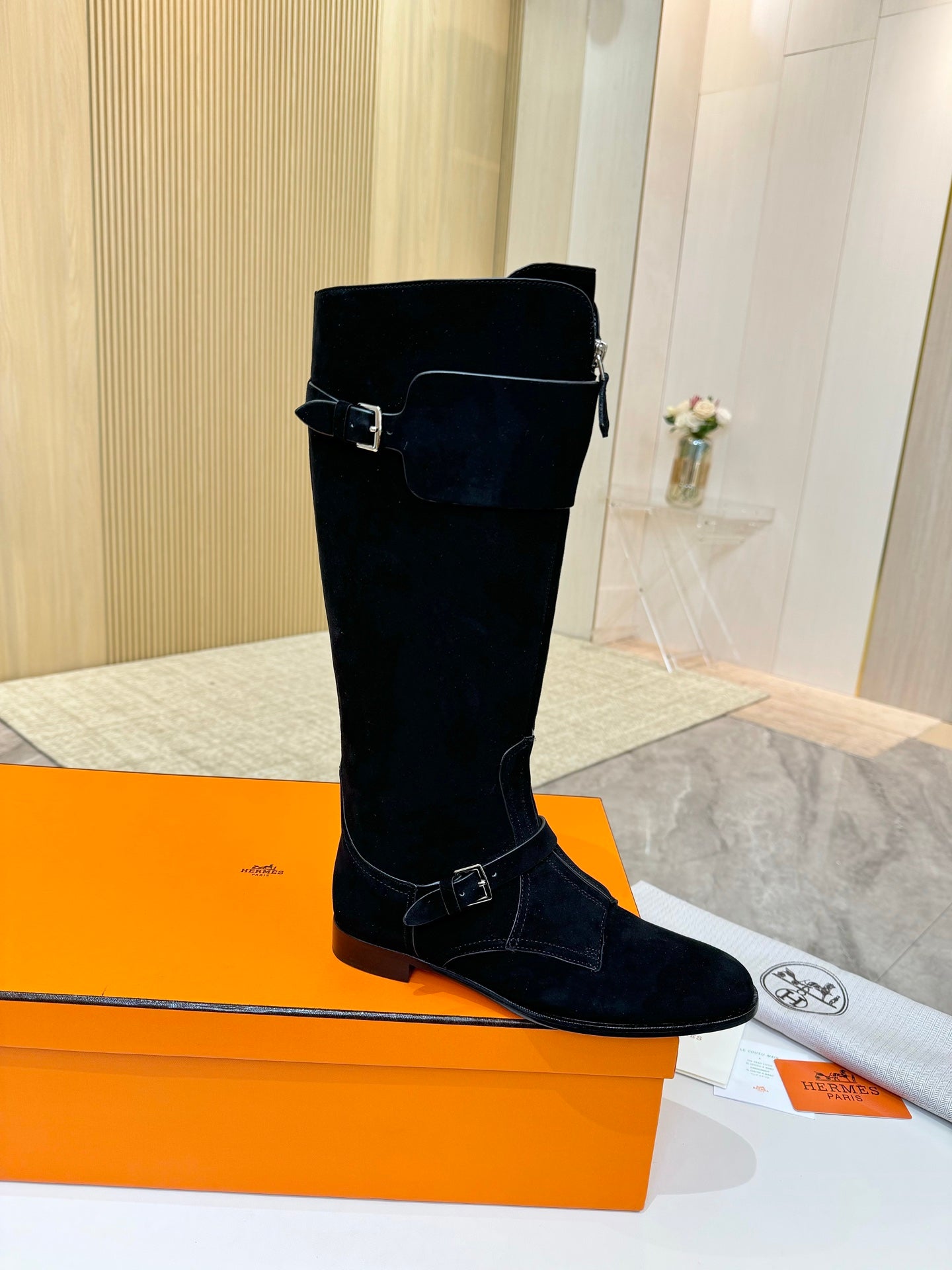 HERMES 25S RIDING BOOTS IN BLACK SUEDE WITH SILVER HARDWARE