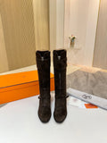 HERMES 25S RIDING BOOTS IN DARK COFFEE BROWN SUEDE WITH SILVER HARDWARE