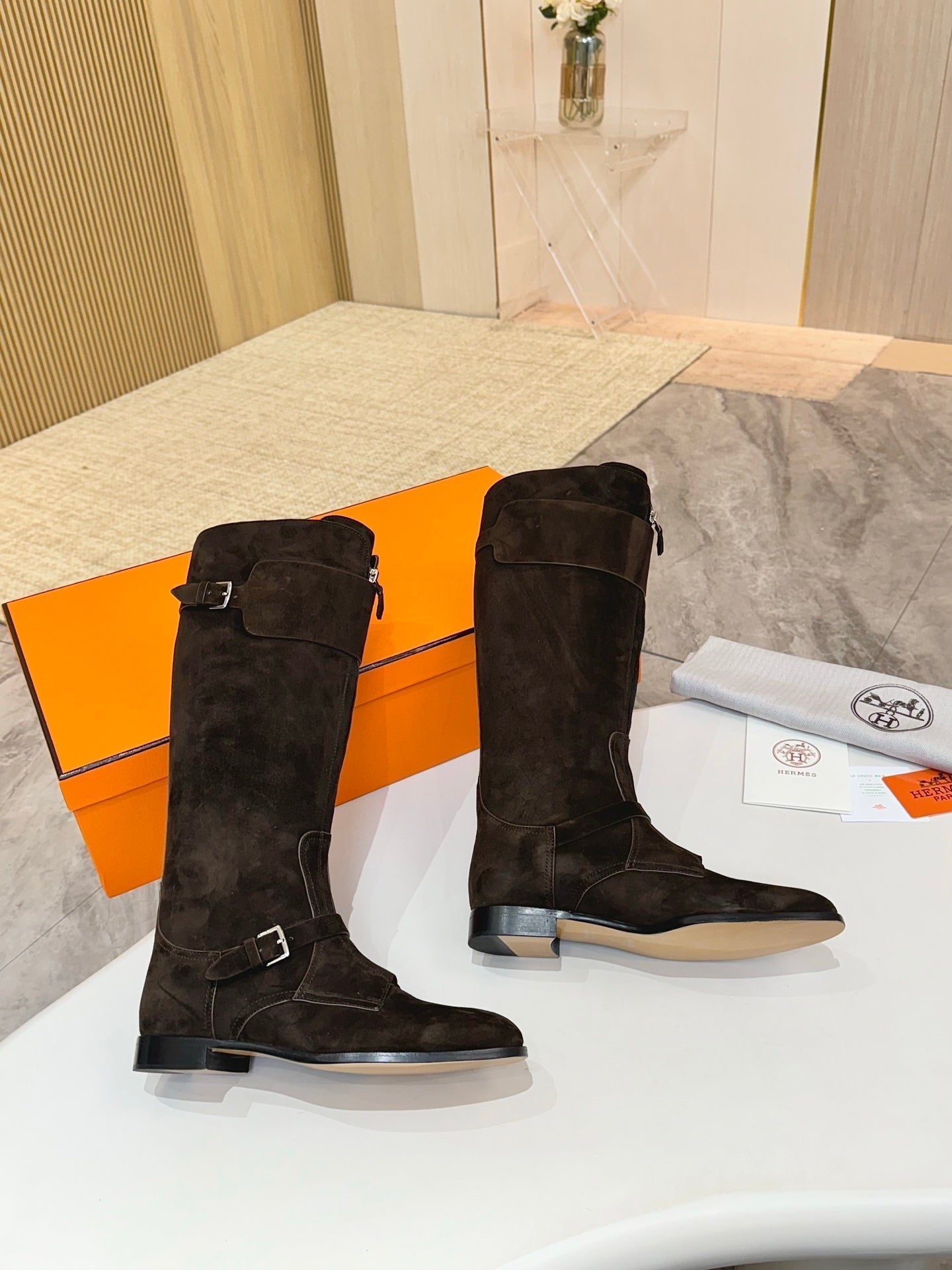 HERMES 25S RIDING BOOTS IN DARK COFFEE BROWN SUEDE WITH SILVER HARDWARE