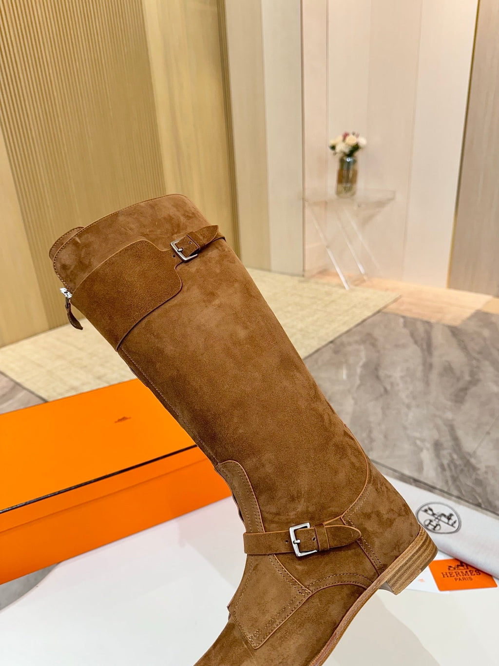 HERMES 25S RIDING BOOTS IN BROWN SUEDE WITH SILVER HARDWARE