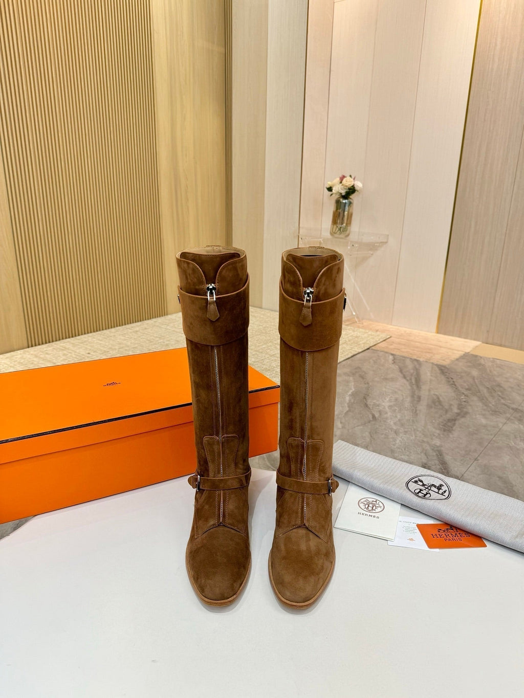 HERMES 25S RIDING BOOTS IN BROWN SUEDE WITH SILVER HARDWARE