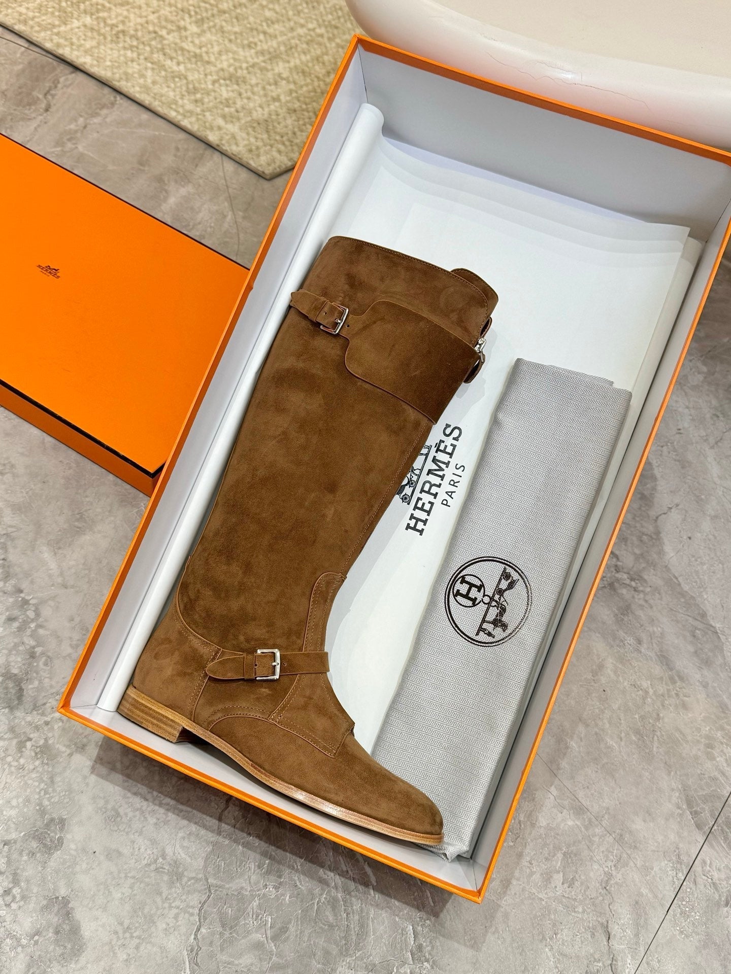 HERMES 25S RIDING BOOTS IN BROWN SUEDE WITH SILVER HARDWARE