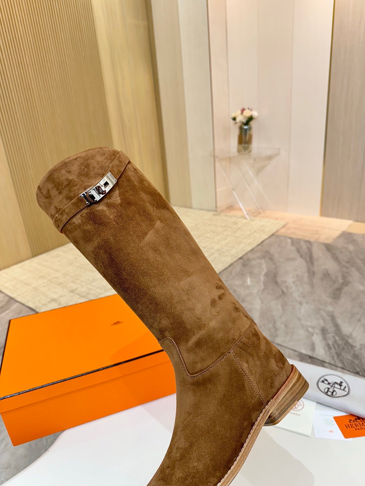 HERMES 25S JUMPING KNEE-HIGH BOOTS IN BROWN SUEDE WITH SILVER HARDWARE