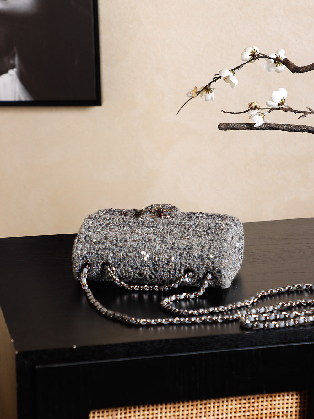 CHANEL 25S FLAP BAG 21 CM IN DARK GREY SEQUINED TWEED