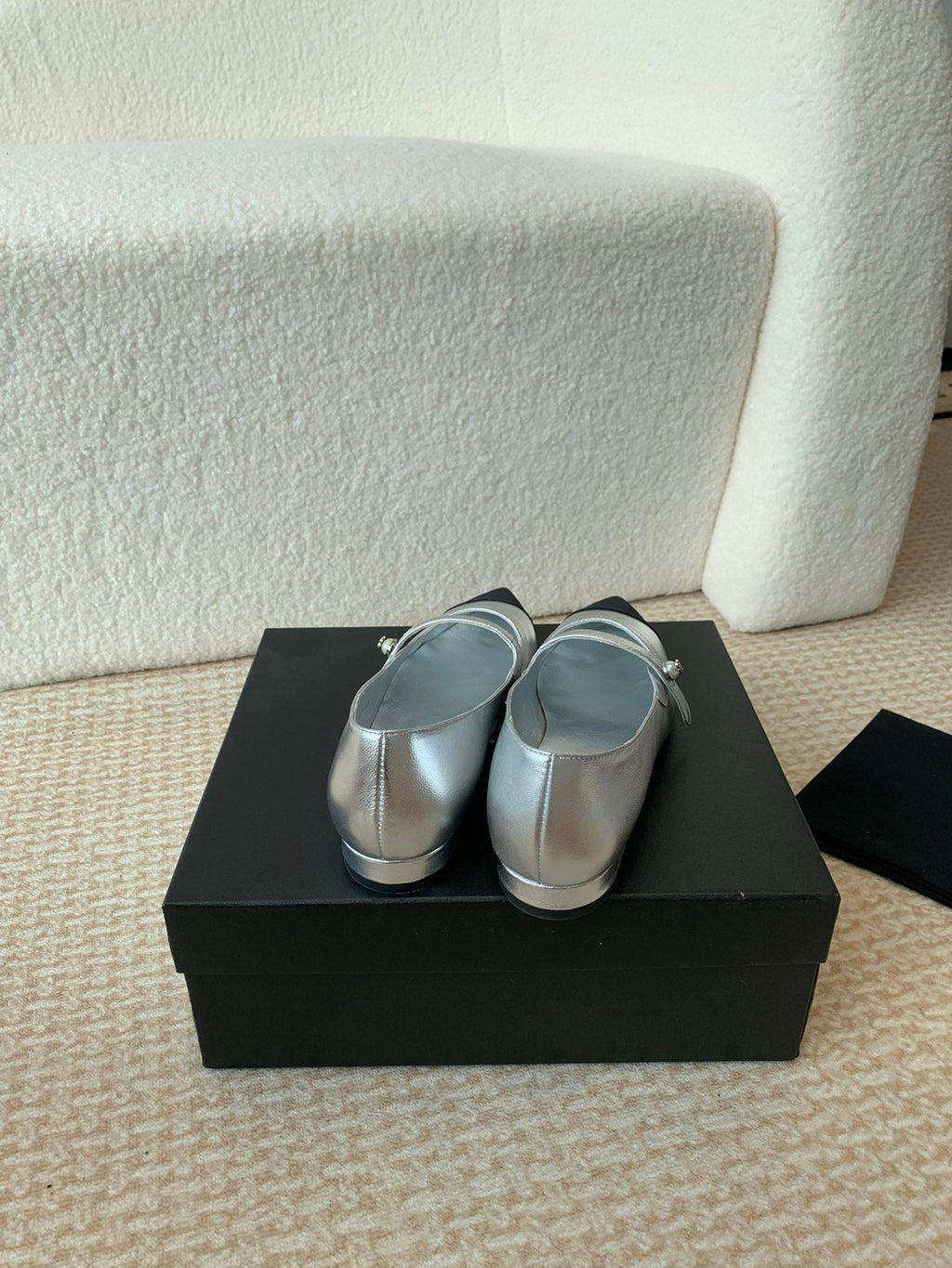 CHANEL Pointed Toe Mary Jane Shoes Silver Mix Black Lambskin