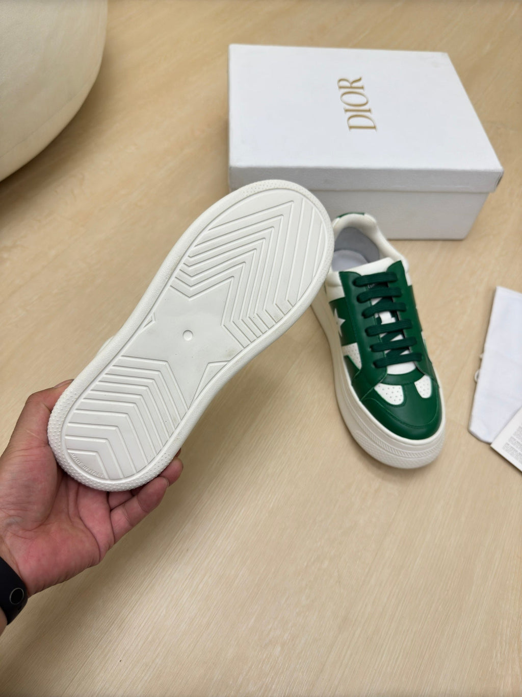 DIOR STAR PLATFORM SNEAKER IN WHITE MIX EMERALD GREEN CALFSKIN