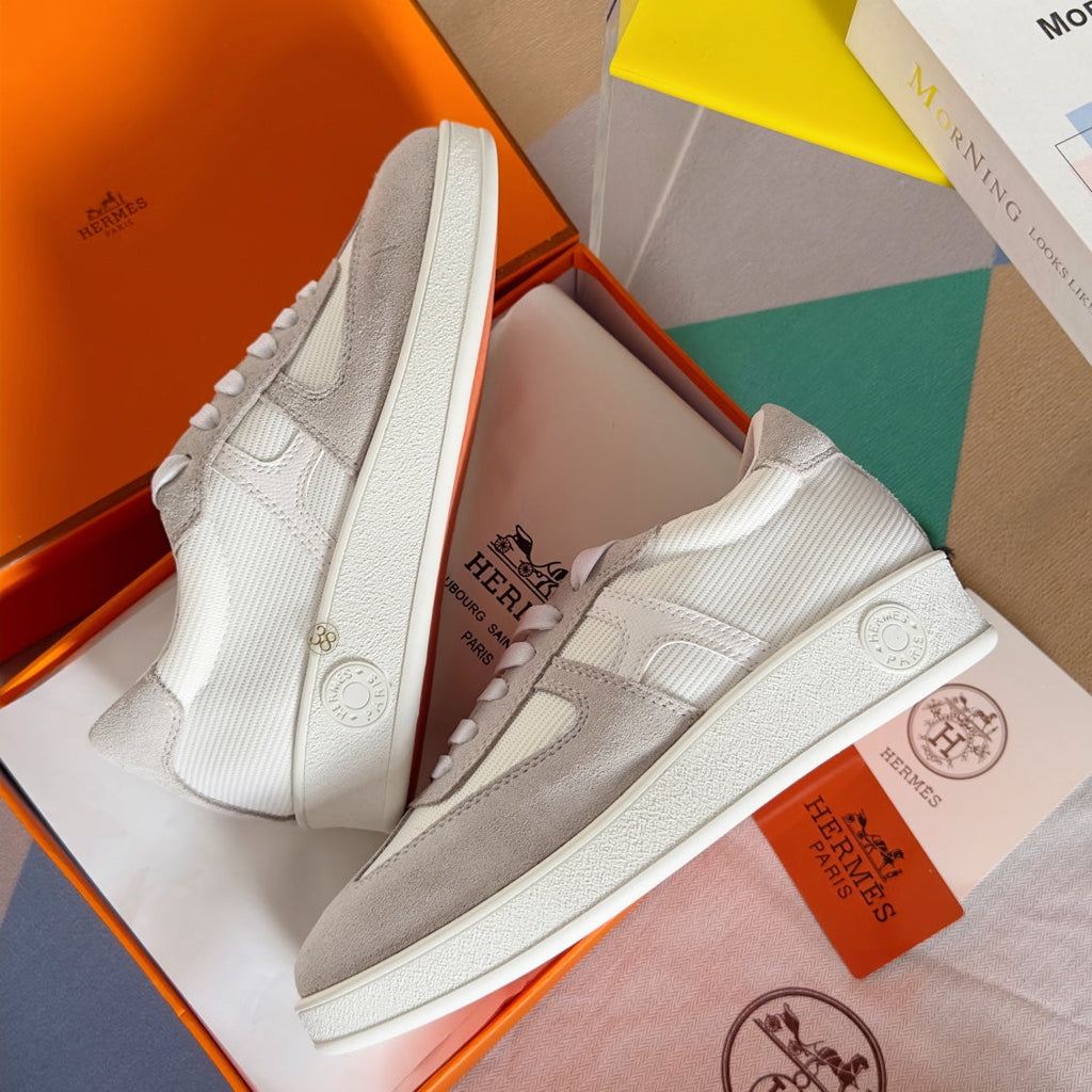 HERMES BOOMERANG SNEAKERS LIGHT GRAY MIX WHITE SUEDE
