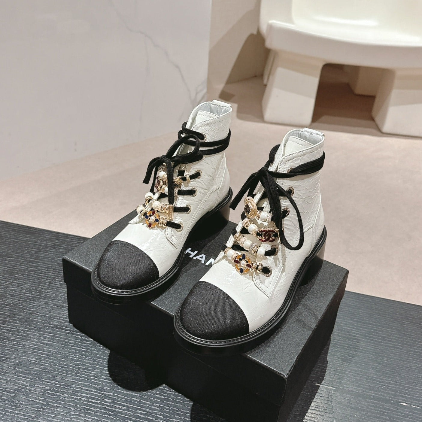 CHANEL OXFORD SHORT BOOTS WHITE MIX BLACK SHEEPSKIN