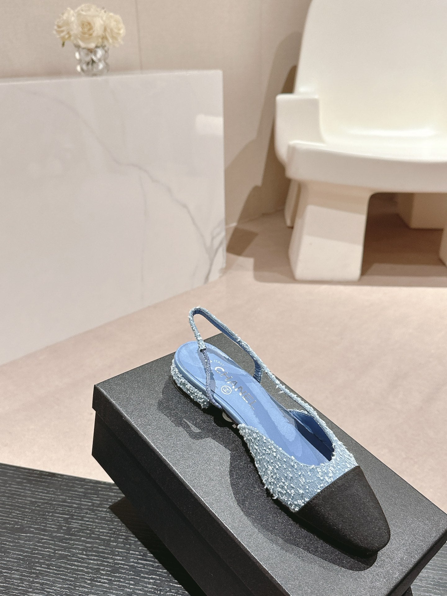 CHANEL SLINGBACKS IN LIGHT BLUE DENIM AND BLACK SATIN