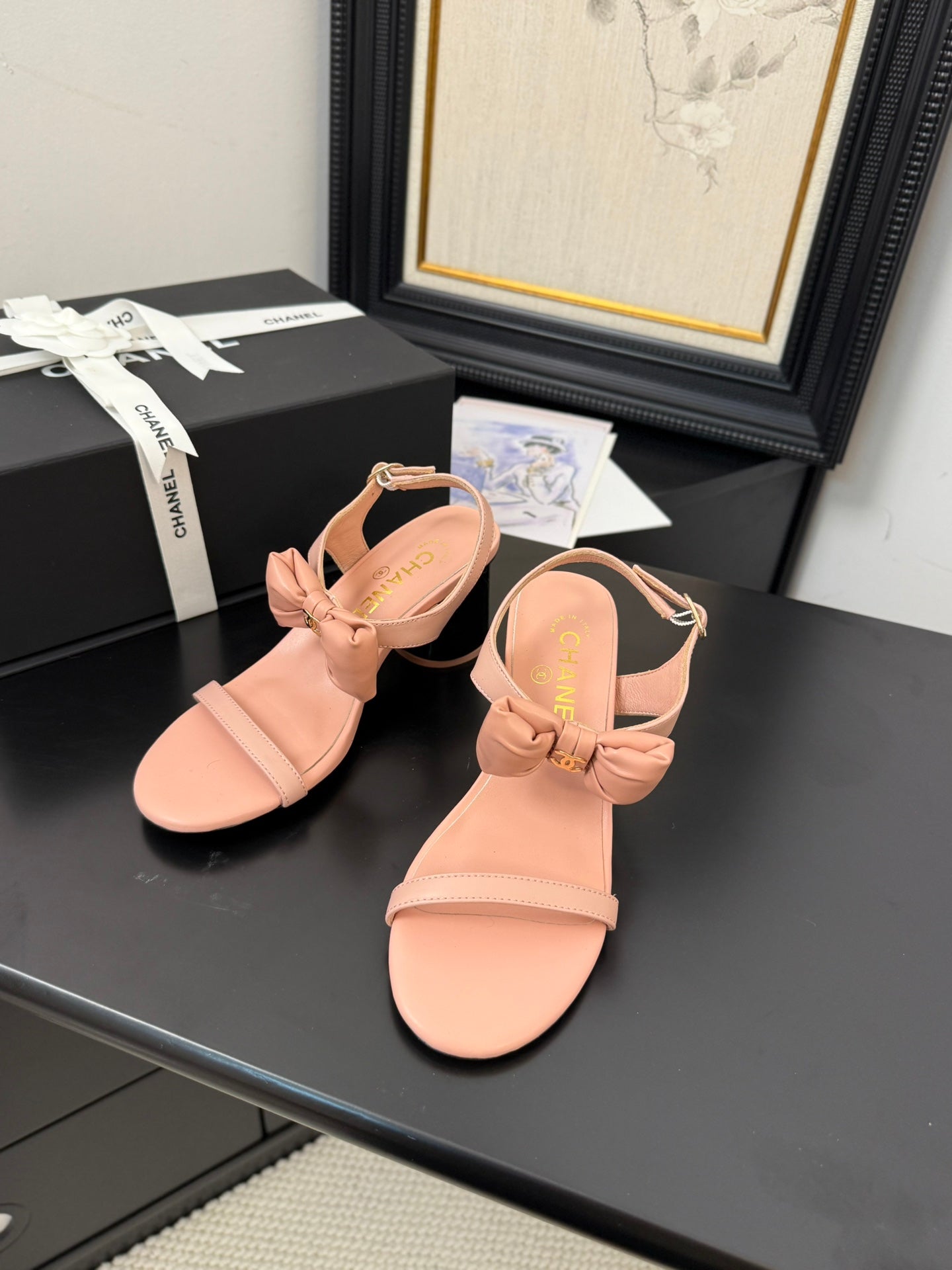 CHANEL MID HEEL 45 MM SANDALS IN PEACH PINK CALFSKIN