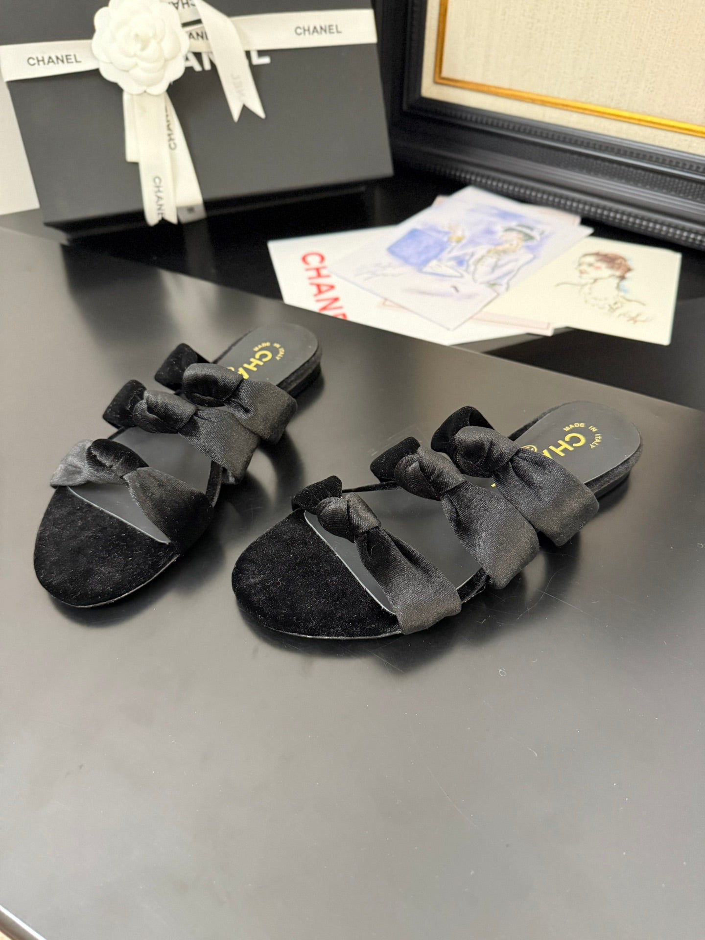 CHANEL 25C Three Strap Mule Black Velvet fabric 233559