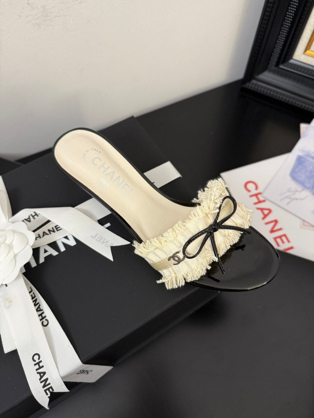CHANEL WHITE GROSGRAIN CANVAS BOW MULE SANDALS 65 MM