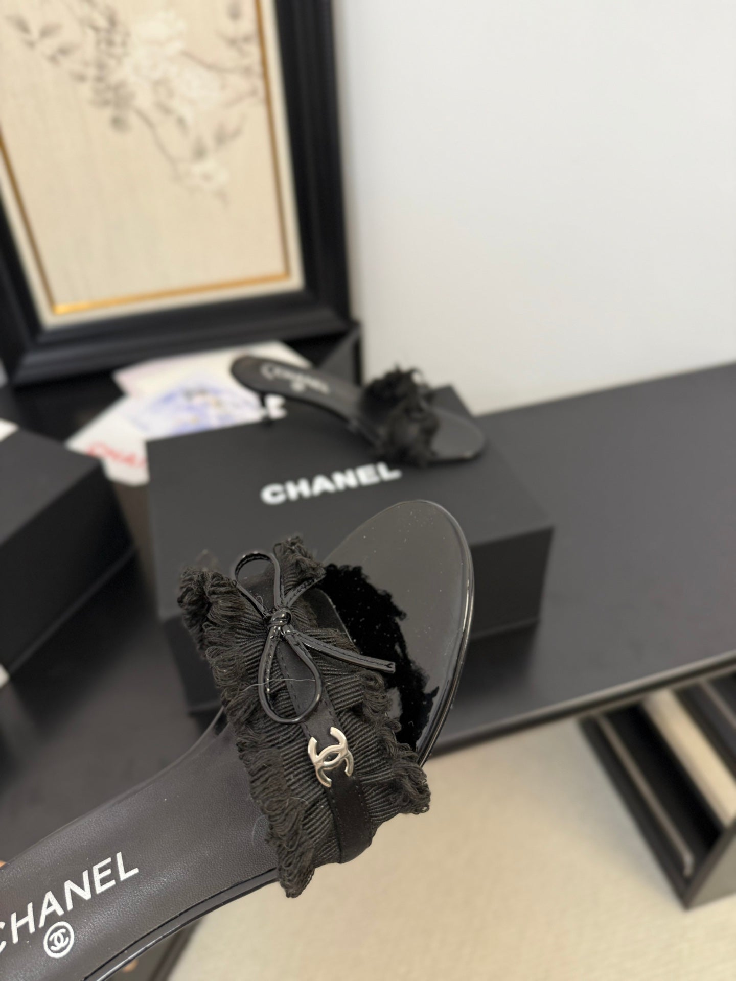 CHANEL BLACK GROSGRAIN CANVAS BOW MULE SANDALS 65 MM