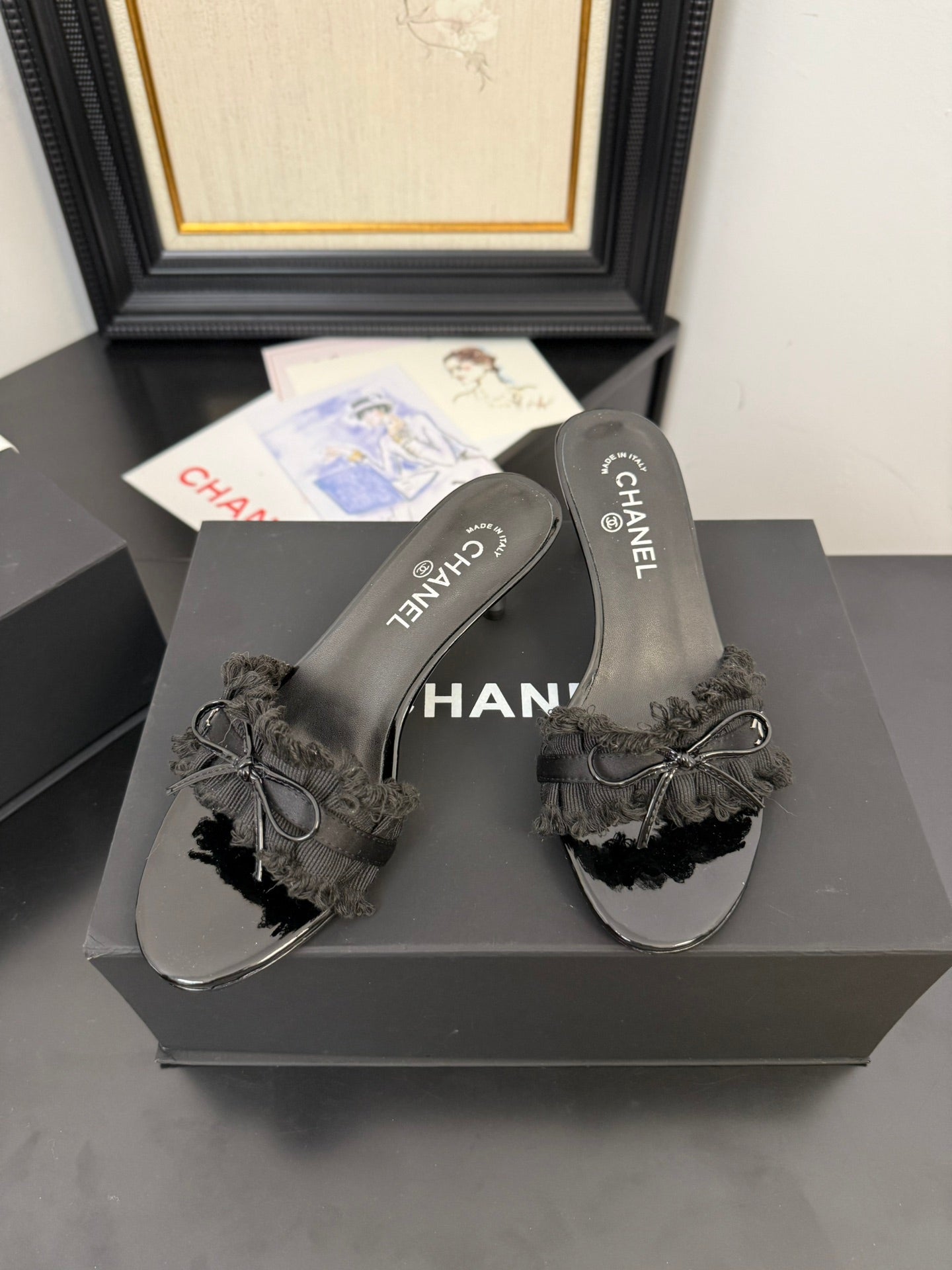 CHANEL BLACK GROSGRAIN CANVAS BOW MULE SANDALS 65 MM
