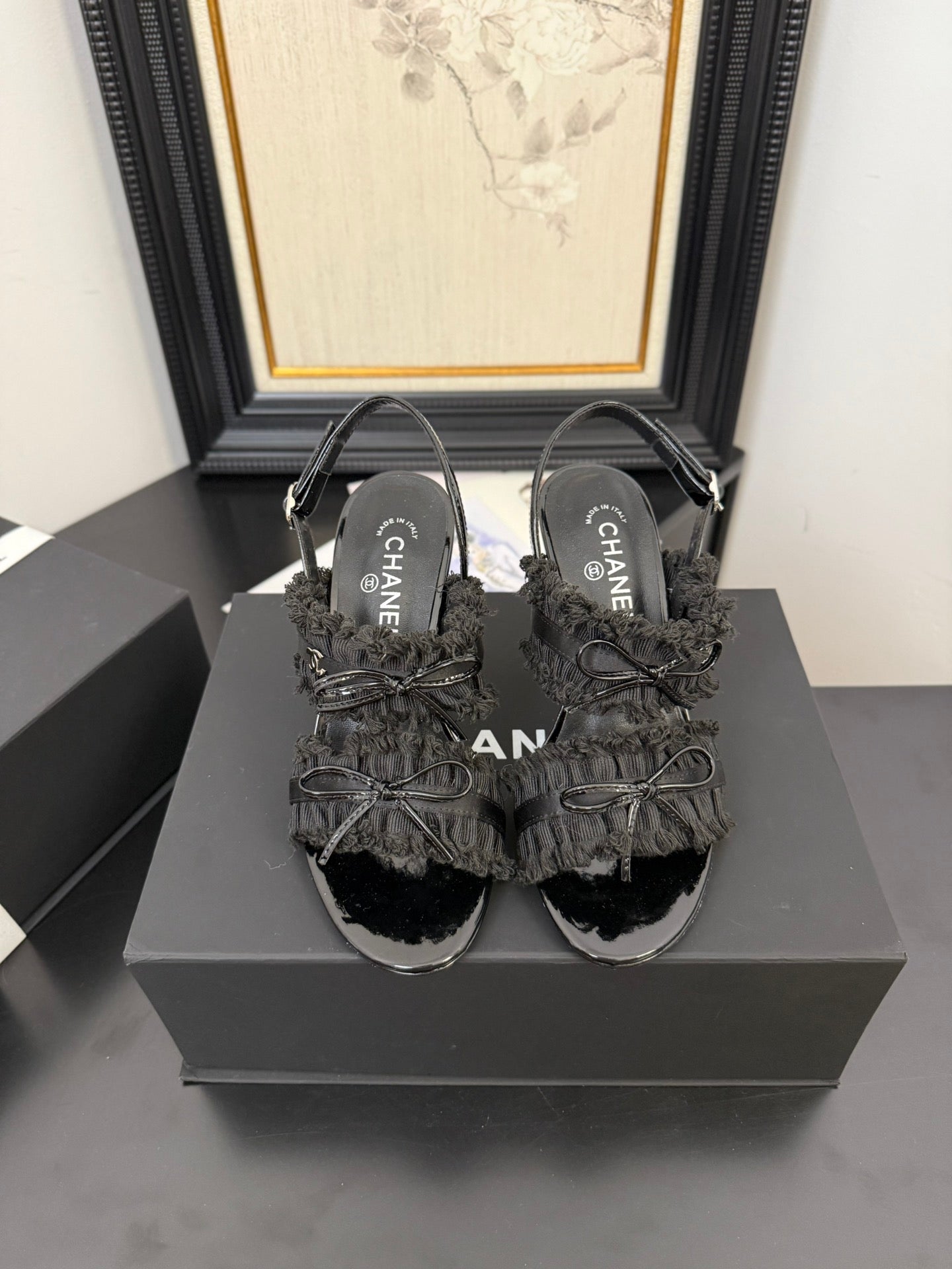 CHANEL BLACK GROSGRAIN CANVAS BOW SLINGBACK SANDALS