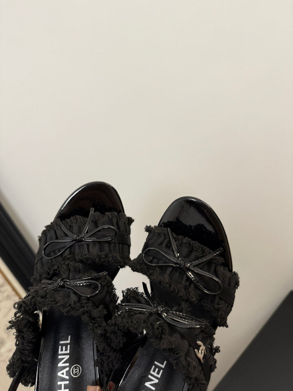CHANEL BLACK GROSGRAIN CANVAS BOW SLINGBACK SANDALS