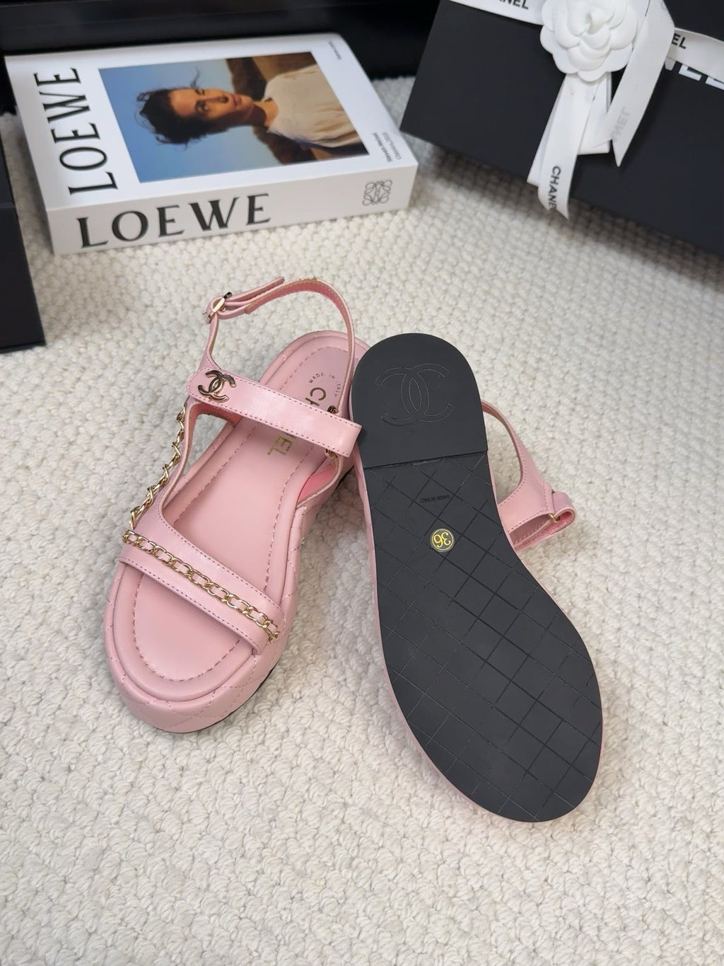 CHANEL THICK-SOLED SANDALS 55 MM IN LIGHT PINK CALFSKIN