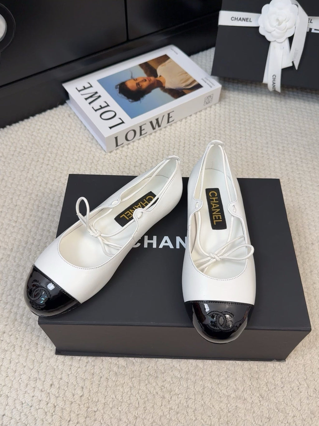 CHANEL FLAT MARY JANE PUMPS IN WHITE MIX BLACK LAMBSKIN