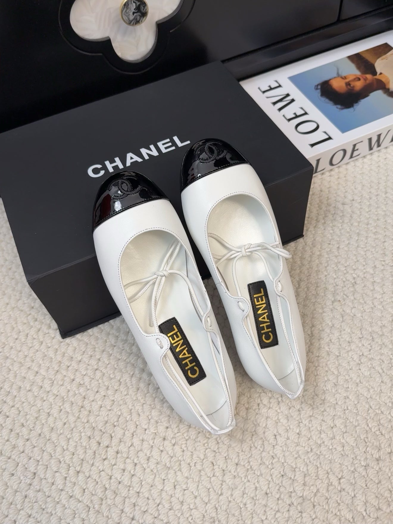 CHANEL FLAT MARY JANE PUMPS IN WHITE MIX BLACK LAMBSKIN
