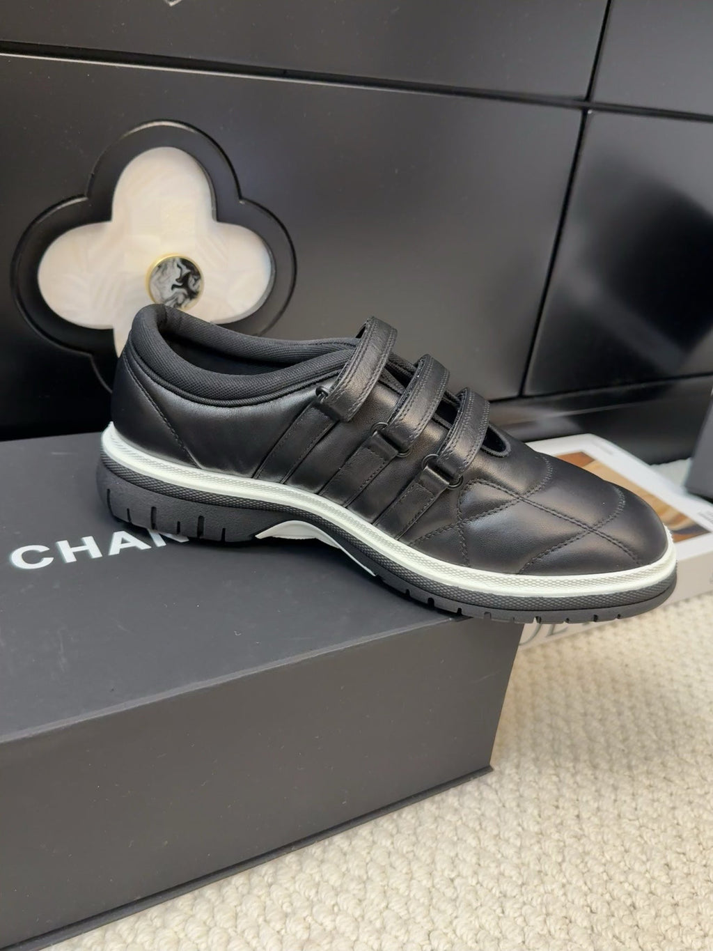 CHANEL SNEAKERS WITH THREE STRAPS IN BLACK CALFSKIN