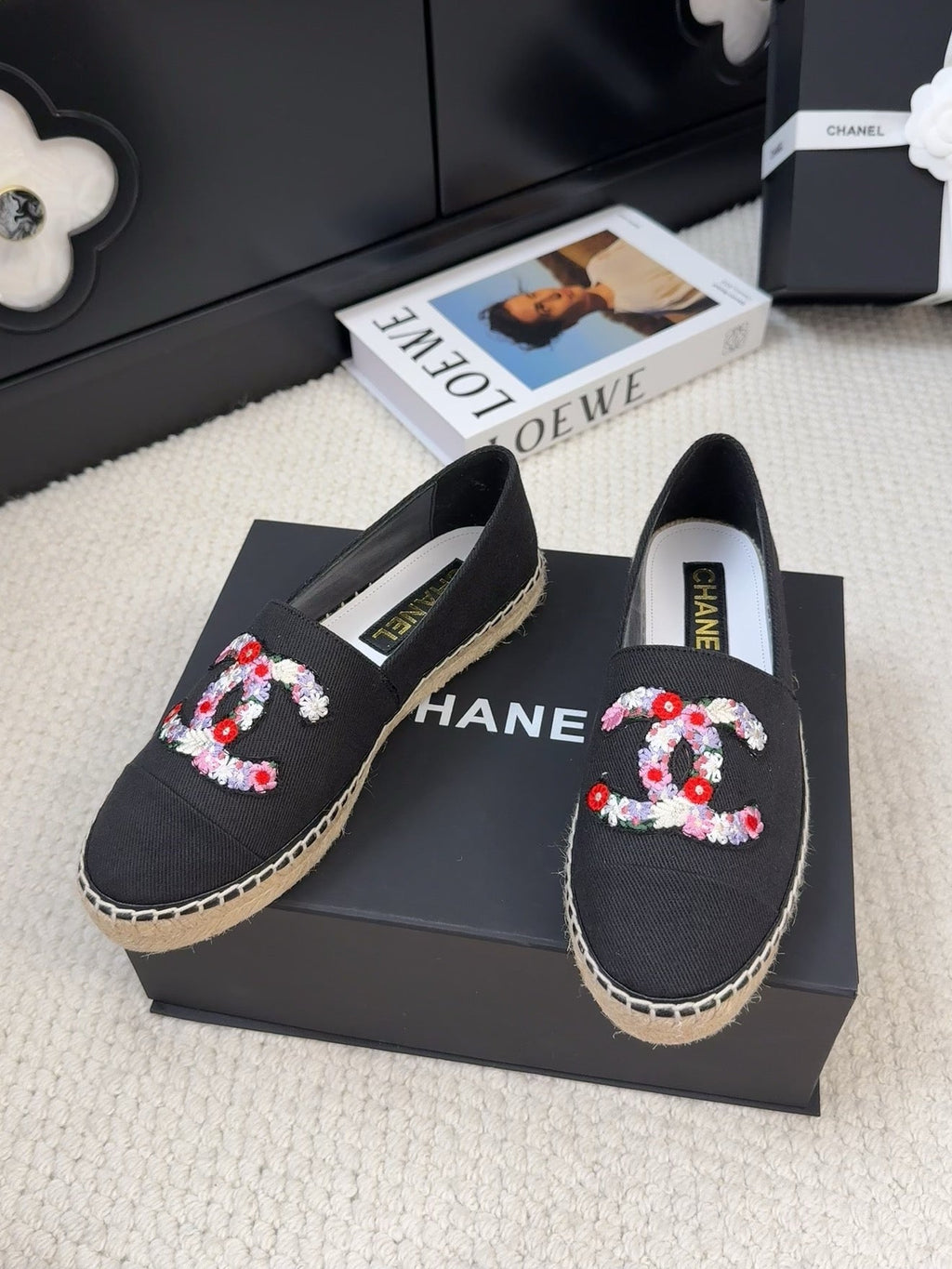 CHANEL LOAFER IN BLACK CANVAS WITH COLORFUL LOGO