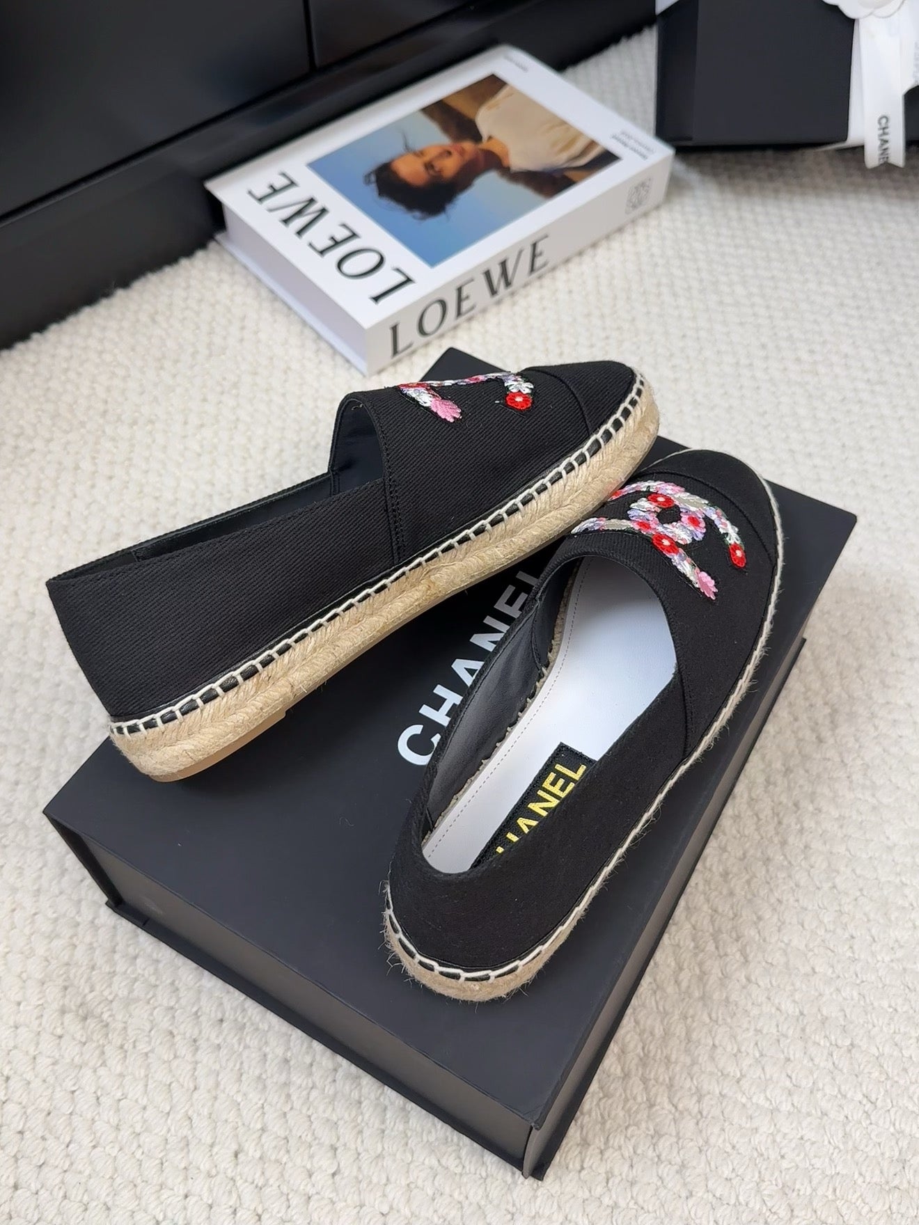 CHANEL LOAFER IN BLACK CANVAS WITH COLORFUL LOGO