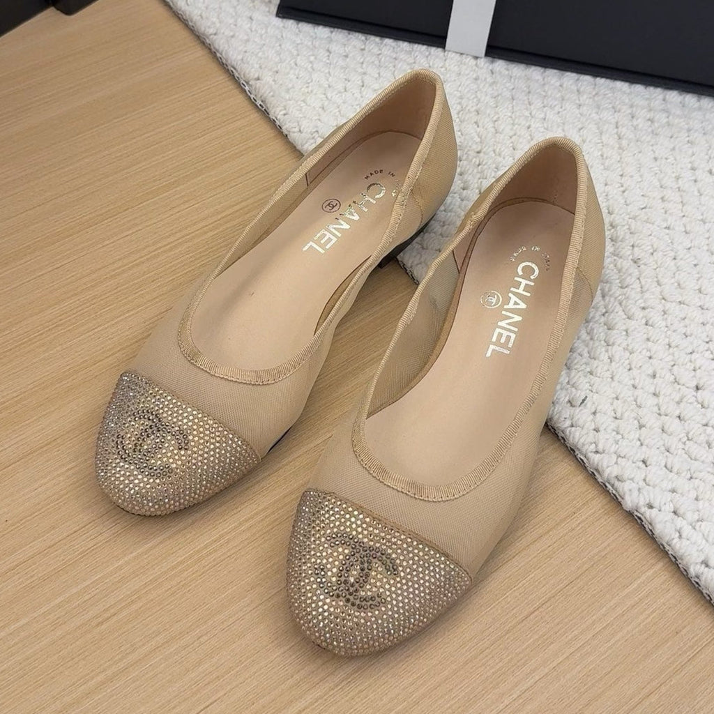CHANEL BALLET FLAT IN CAMEL BEIGE FABRIC AND MESH WITH CRYSTALS