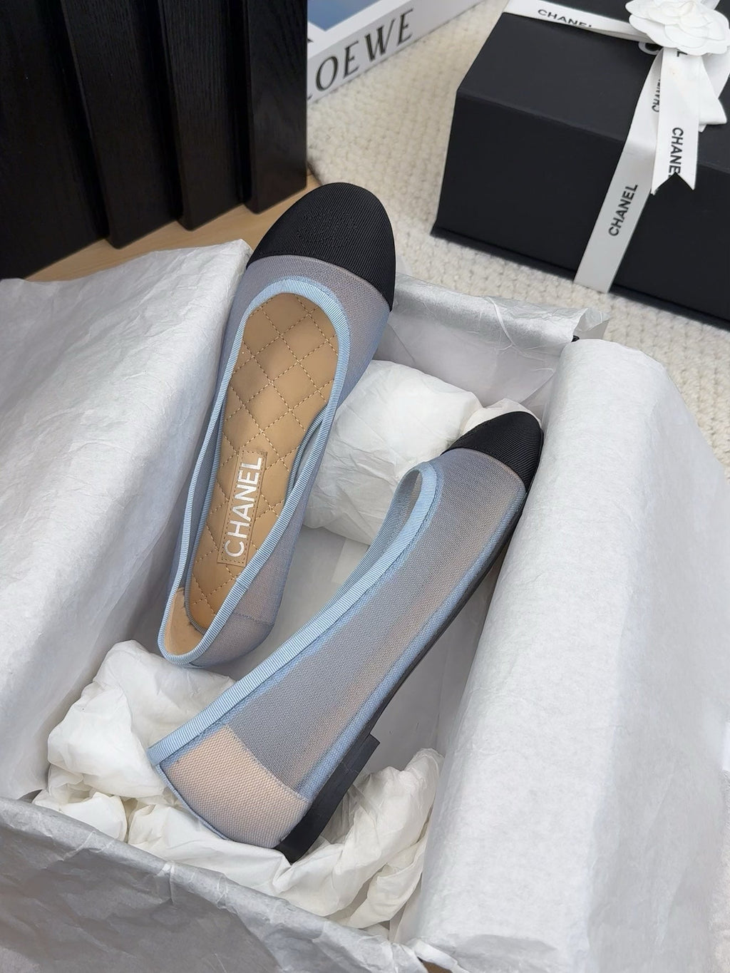 CHANEL BALLET FLAT IN BLACK FABRIC AND BABY BLUE MESH