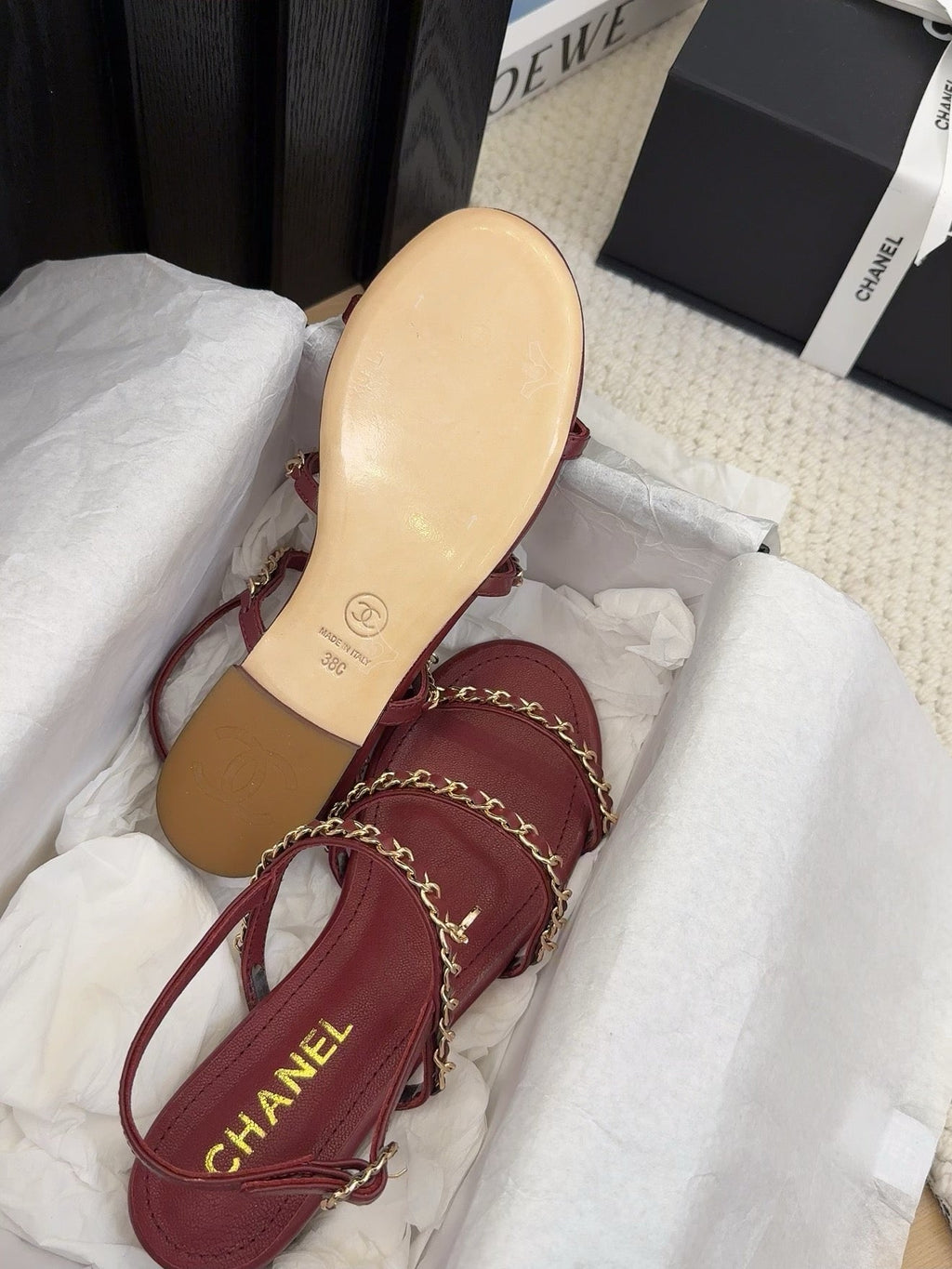 CHANEL THREE-STRAPS SANDALS IN JAM RED CALFSKIN WITH GOLD HARDWARE