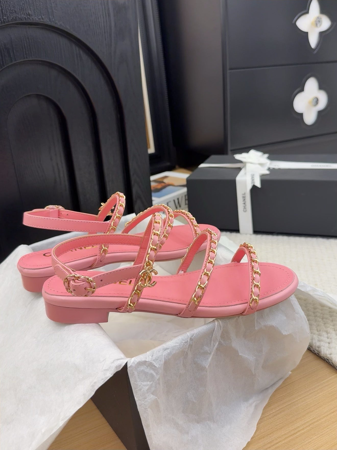 CHANEL THREE-STRAPS SANDALS IN FLAMINGO PINK CALFSKIN WITH GOLD HARDWARE