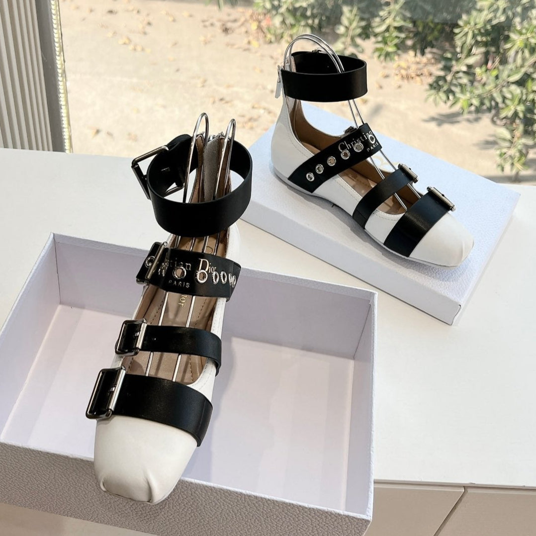 DIOR PUNK BALLET FLAT IN WHITE MIX BLACK CALFSKIN