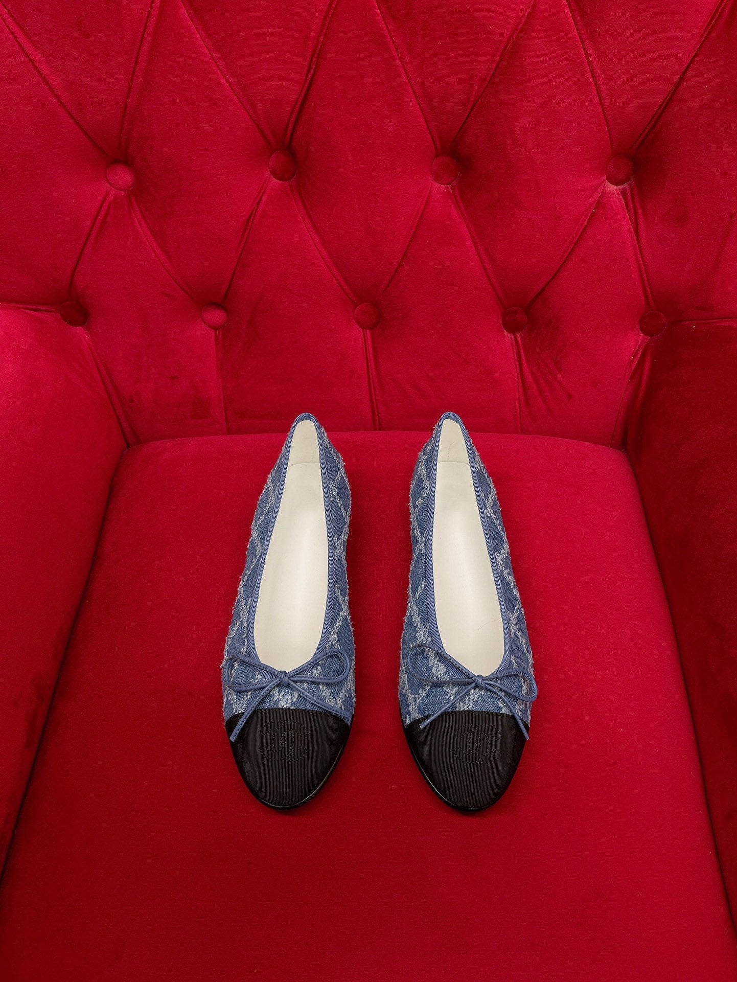 CHANEL ballet flat blue black denim grosgrain