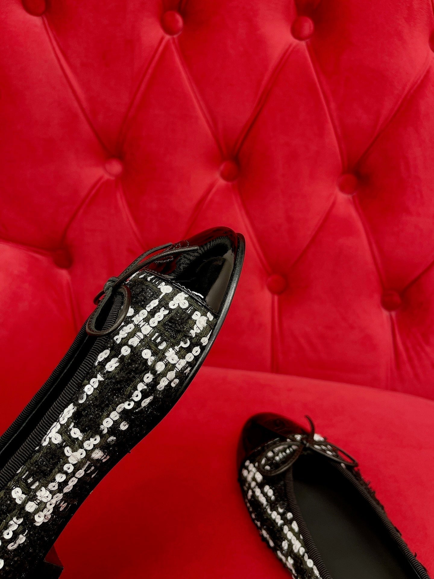 CHANEL ballet flat black white tweed lambskin
