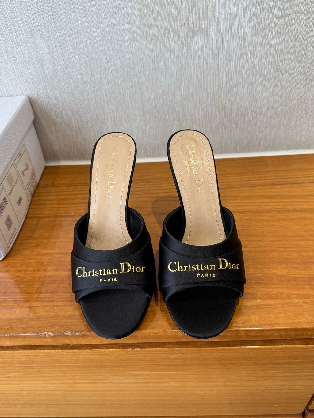 DIOR PEEP TOE SANDAL 25S HEELS 10CM IN BLACK SATIN