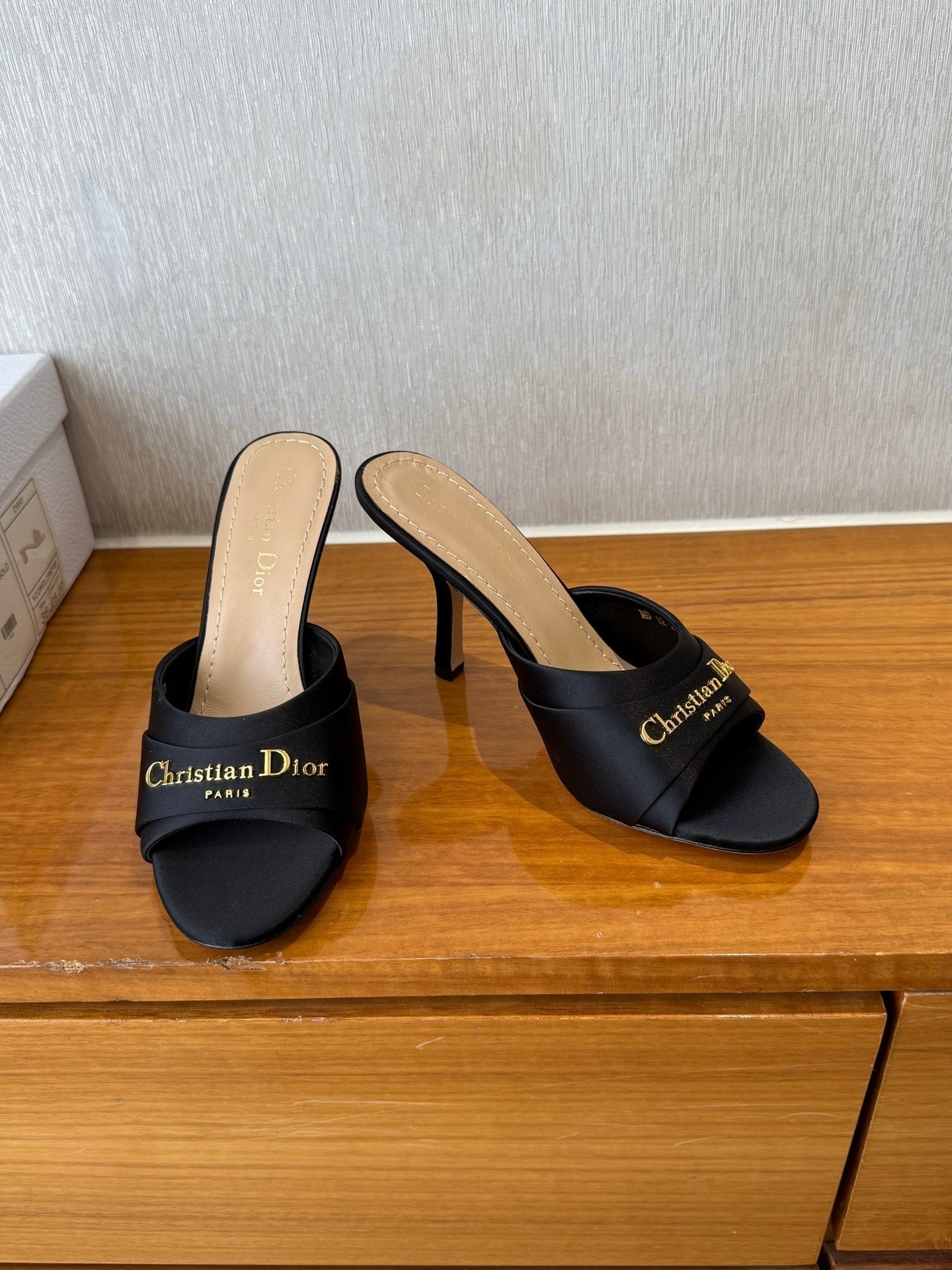 DIOR PEEP TOE SANDAL 25S HEELS 10CM IN BLACK SATIN