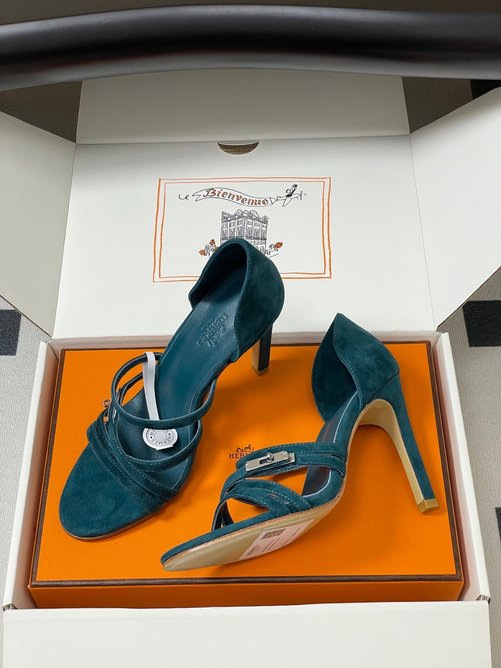 HERMES 25S HIGH-HEEL SANDAL 105 MM IN DARK BLUE SUEDE