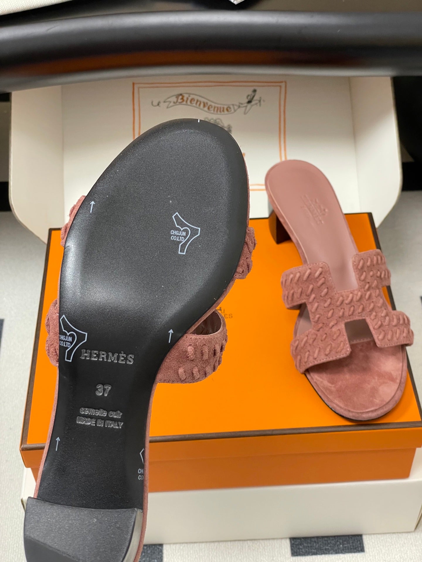 HERMES 25S ORAN HIGH‑HEEL SANDAL IN PEACHY PINK SUEDE AND LAMBSKIN